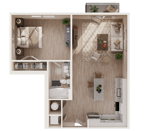 Floor plan for 1 bed, 1 bath, 749 sqft
